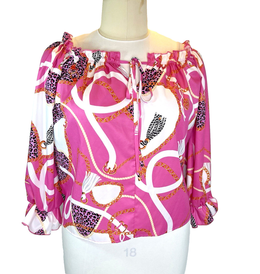 Chic Me - Women's L Blouse Animal Print Gathered Neck Flared Hem Balloon Sleeve